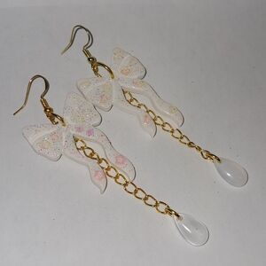 Chic Gold and White Sparkly Bow Chain Earrings